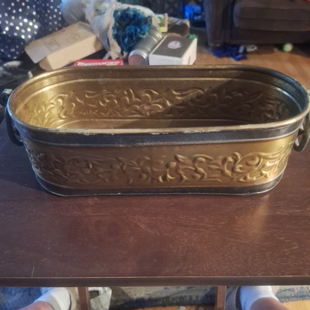 MIni Oval Ornate Brass Indoor Planter Cachepot Centerpiece Vintage
